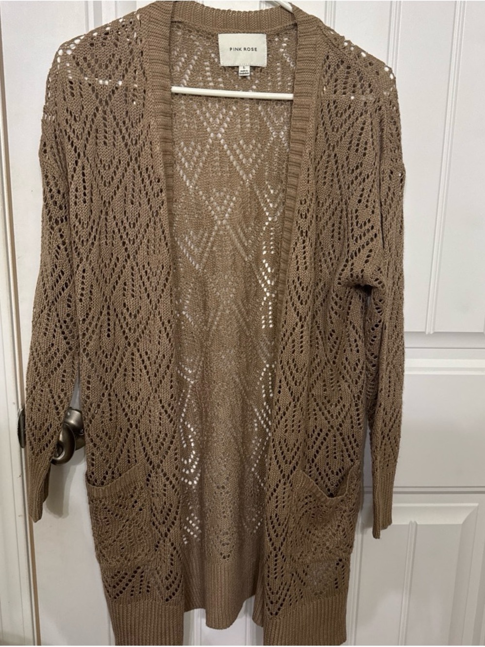 Pink Rose Open-Knit Long Cardigan in Taupe